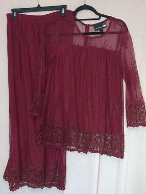 Anthony Original Burgundy Lace-Trim Women's Top And Skirt Set